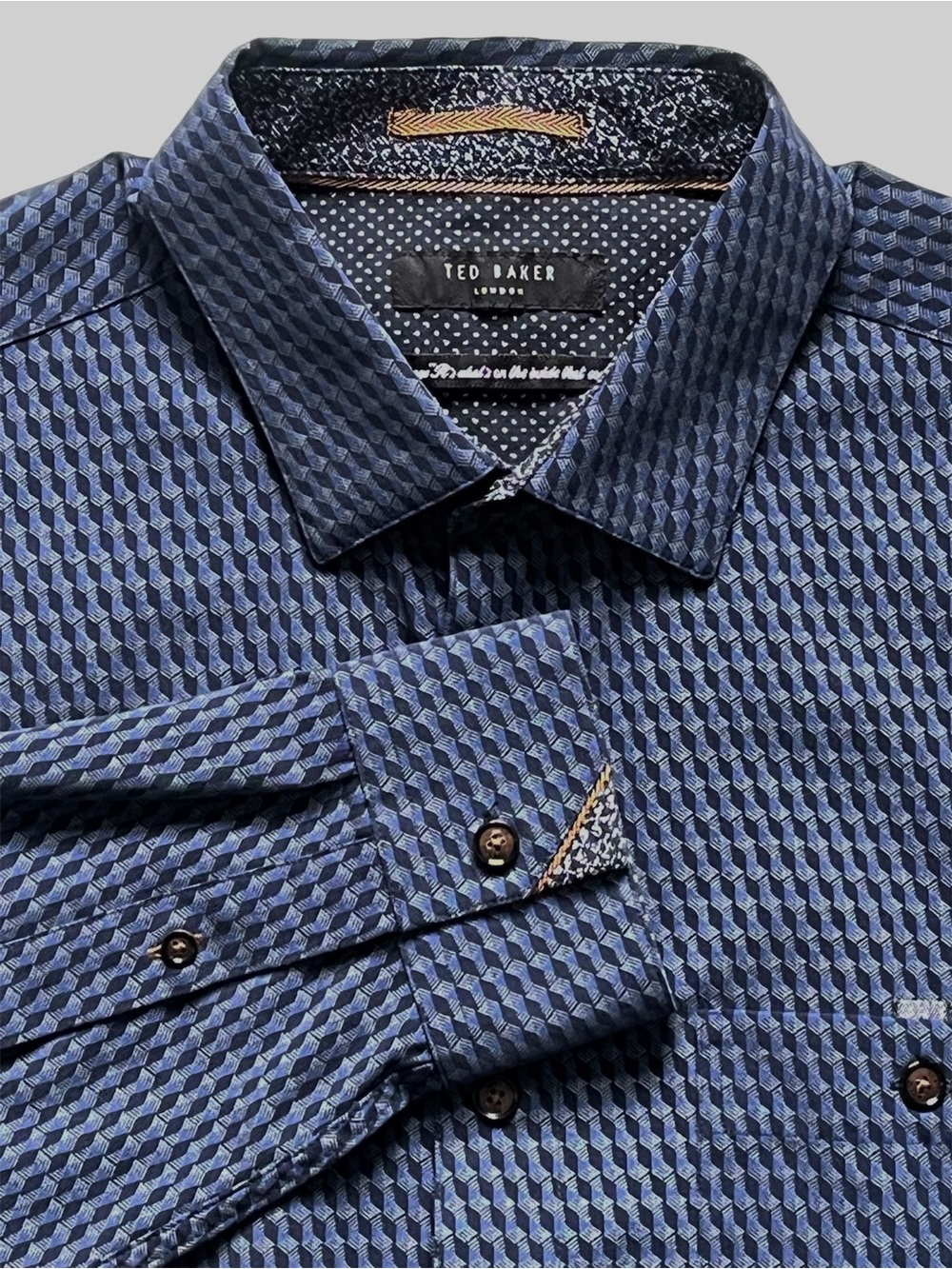 Ted Baker Dress Shirt Men's Dark Blue Diamond Print Button Down Sz L / 4